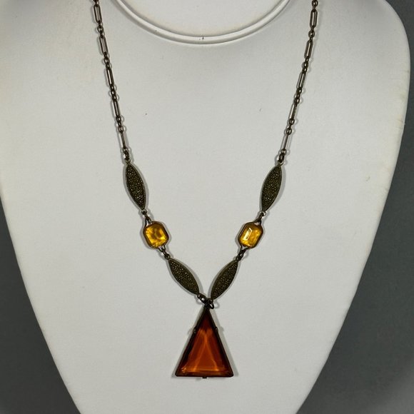 Vintage Art Deco Pendant Necklace Brass Amber Glass